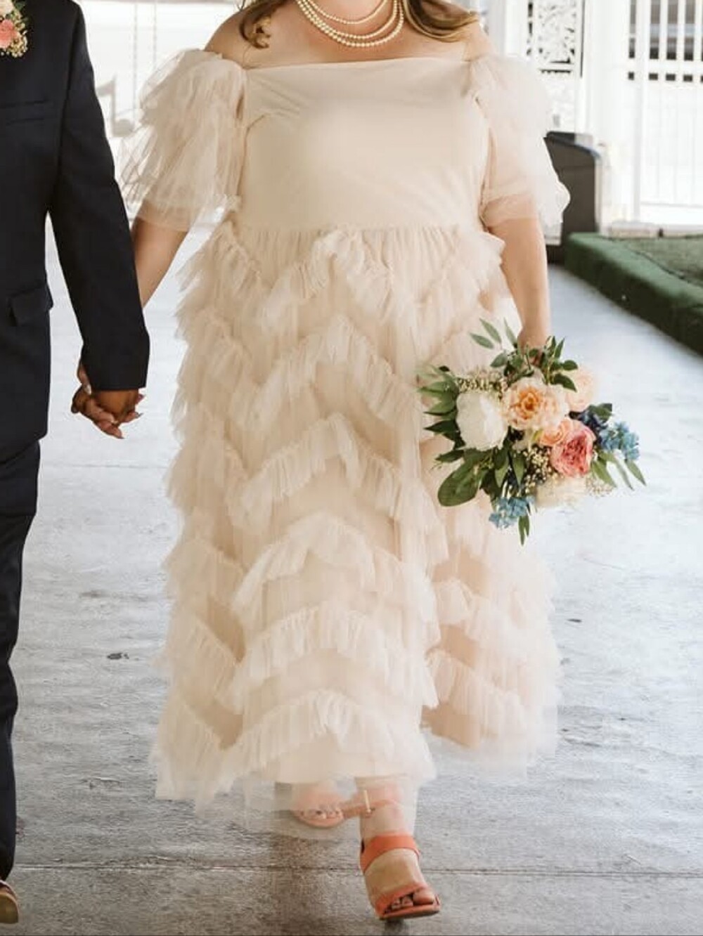 JessaKae Isla Blush Pink Tiered Tulle Gown with Flutter Sleeves